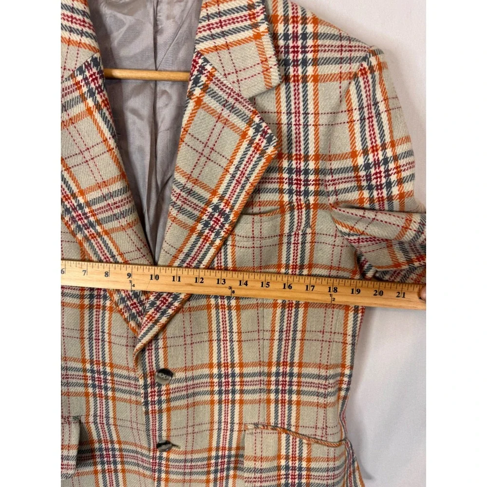 Vintage Plaid Blazer Jacket Orange Grey Beige Check Two Button Sport Coat 38 70s